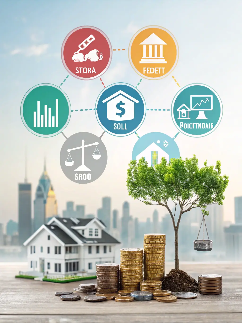 An image depicting a diverse portfolio with various asset classes represented by different icons, such as stocks, bonds, and real estate, illustrating diversification.