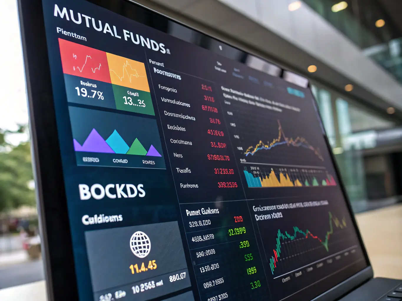 A diverse portfolio of investments displayed on a digital screen, showcasing the breadth and depth of investment options available.