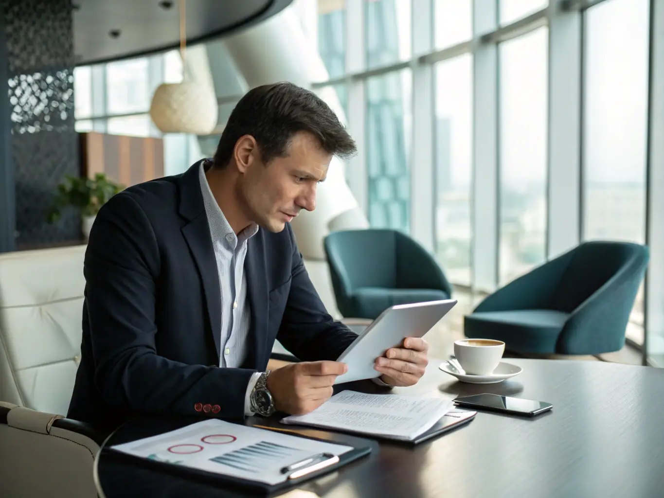 A professional financial advisor in a modern office setting, reviewing investment portfolios and discussing strategies with a client, emphasizing trust and expertise.